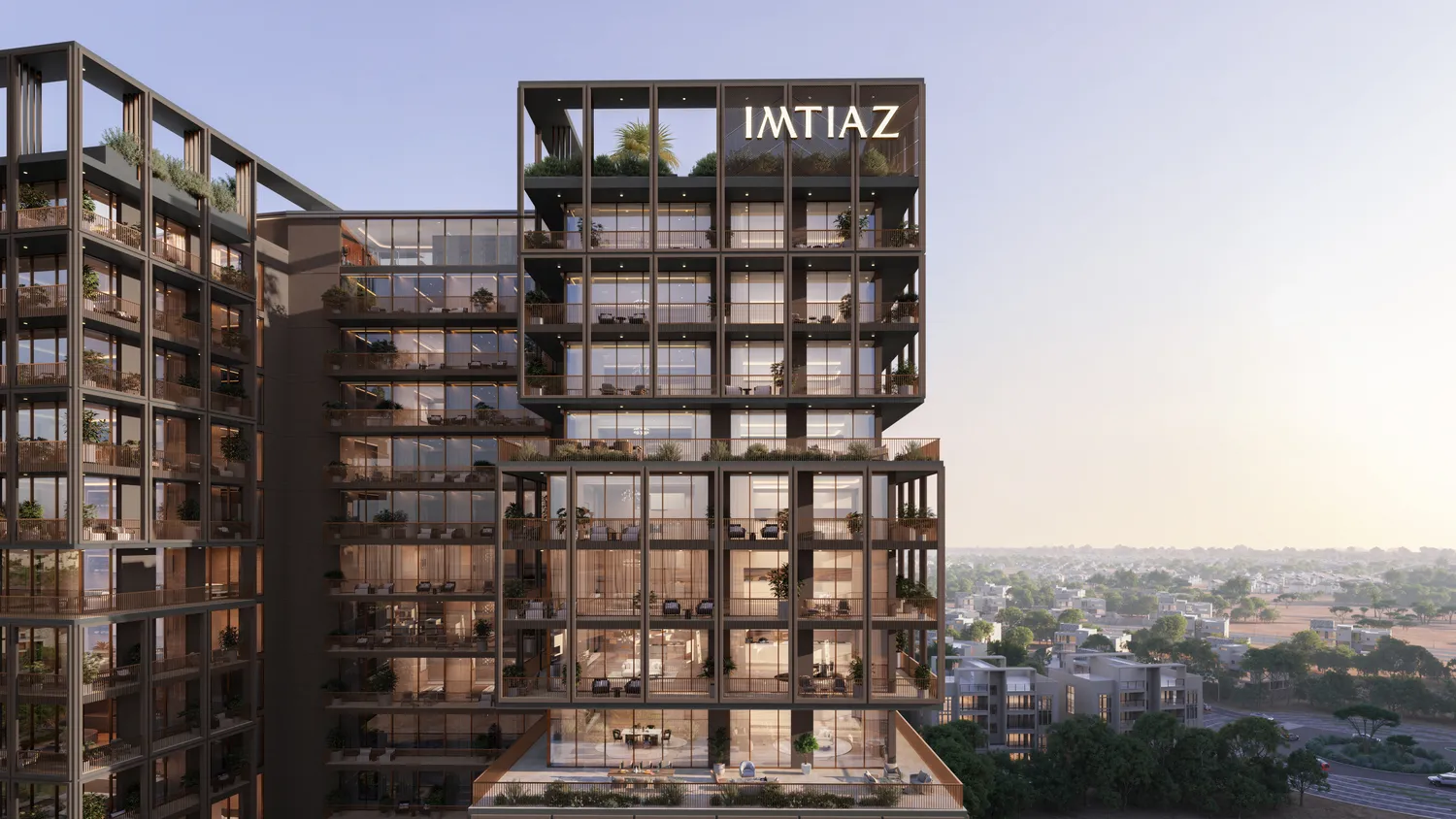 Фасад The Archive в Dubai Land Residence Complex